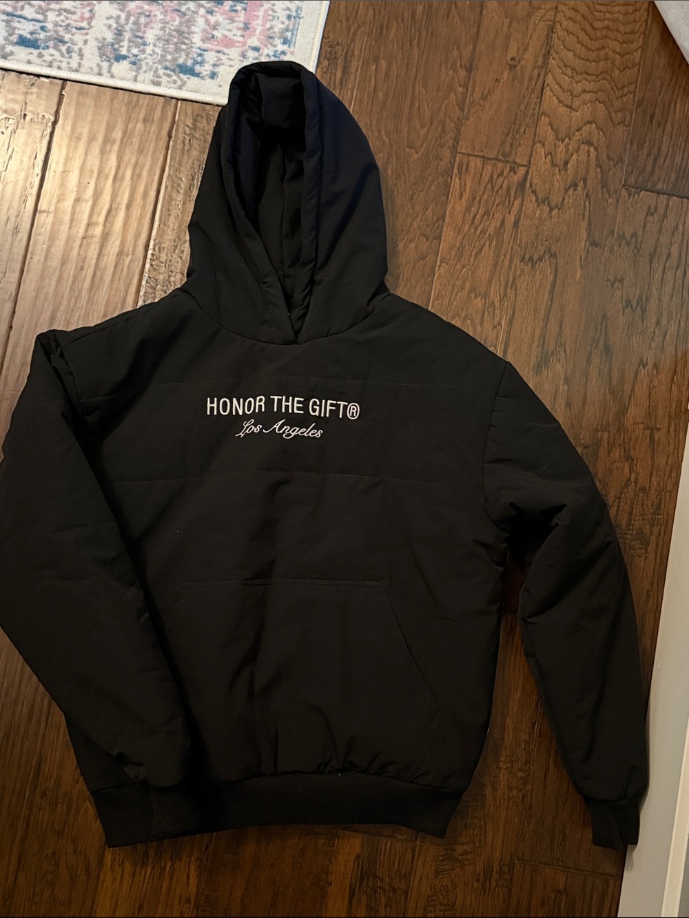 HONOR THE GIFT Black Hooded Puffer like Pullover with Chest Embroidery